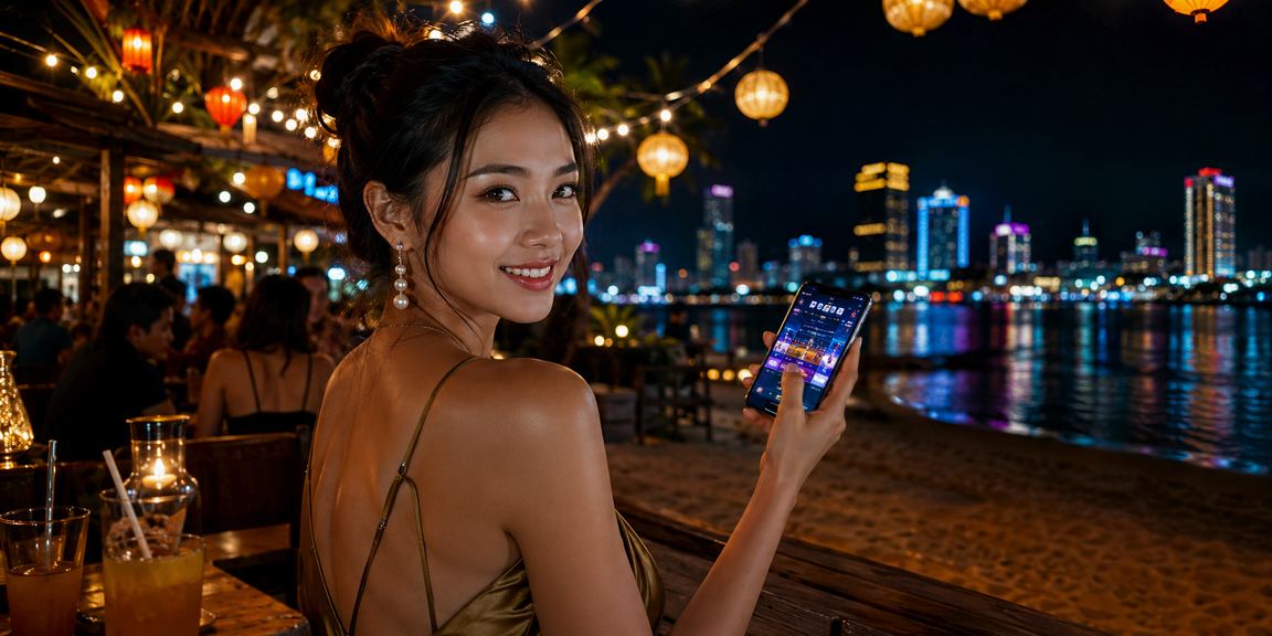 Hình ảnh người chơi casino trực tuyến tại Việt Nam trên màn hình neon